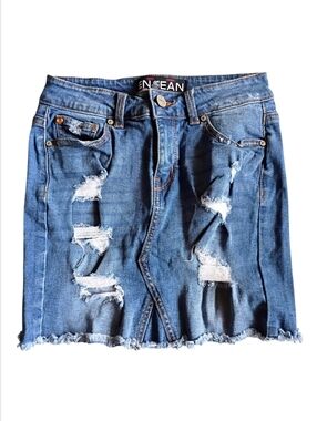 ENJEAN Women's Denim Skirt Blue Stretch Distressed Frayed Above Knees SMALL